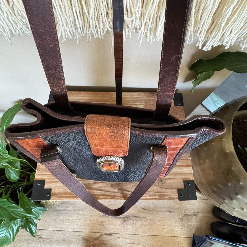 Vintage Brighton Black Brown Croc Embossed Structured Double Strap Shoulder Bag - Picture 13 of 16